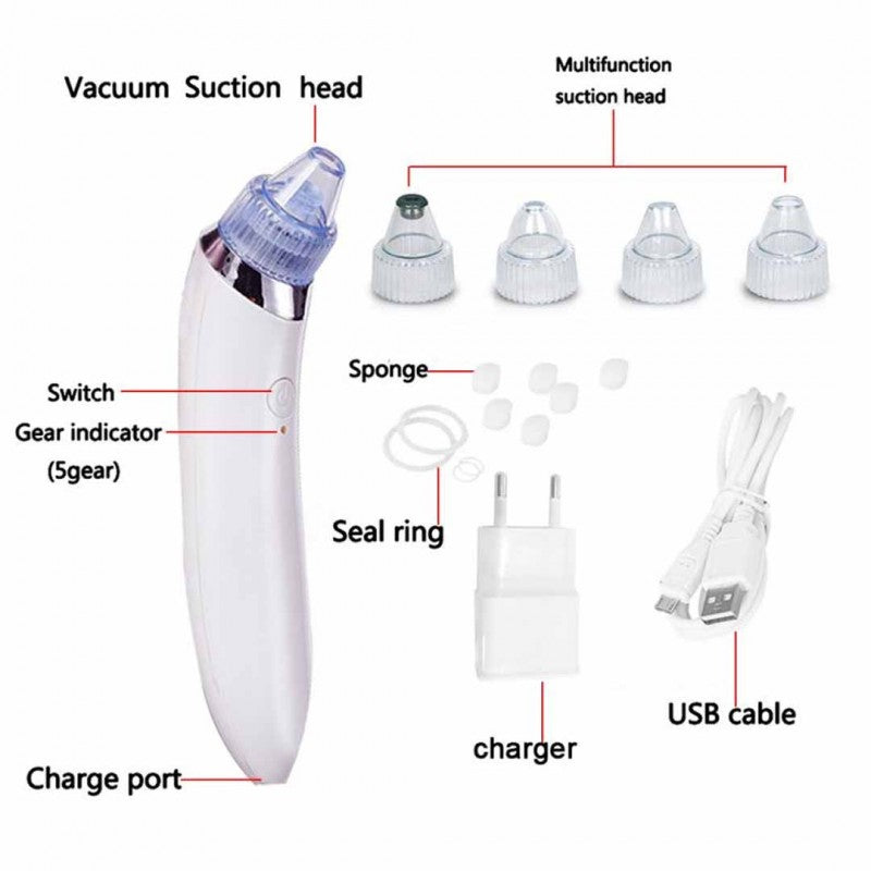 Blackhead Remover | 5 مستويات شفط، مزيل رؤوس سوداء قابل لإعادة الشحن عبر USB