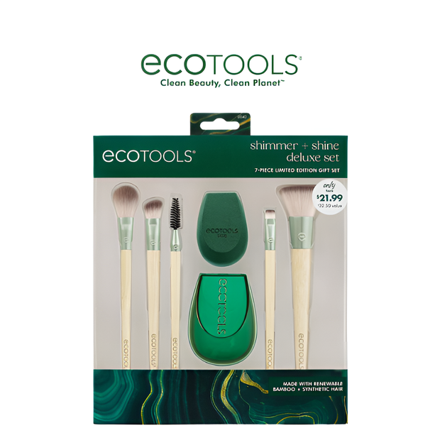 🌟 EcoTools Shimmer + Shine Deluxe Set | 7-Piece Makeup Brush & Sponge Kit